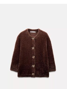 Zara Chocolate Brown Fuzzy Cardigan with Floral Gold Buttons